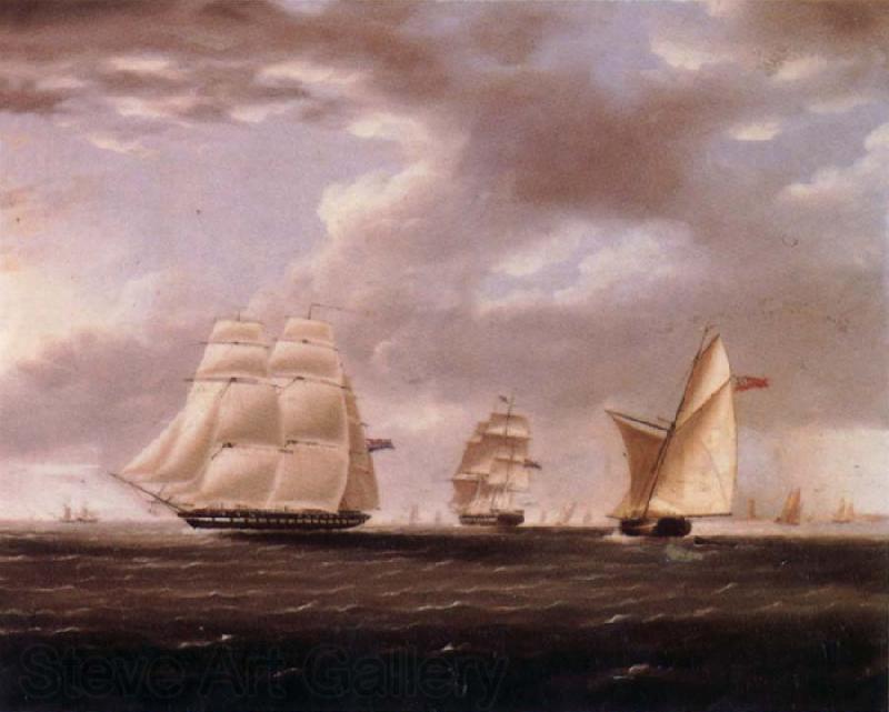 Thomas Buttersworth Two British frigates and a yawl passing off a coast Spain oil painting art
